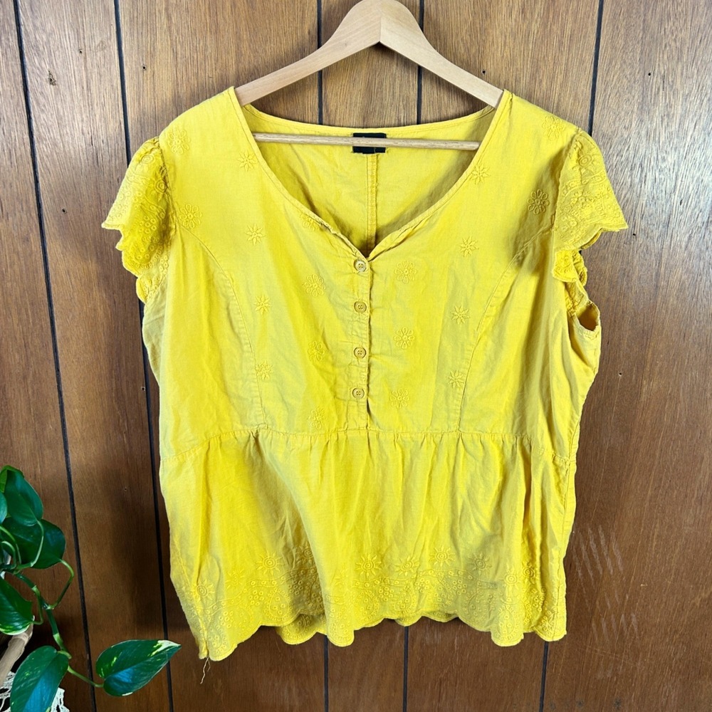 Vintage Lee Mustard Yellow Embroidered‎ Cotton Peplum Blouse Celestial Sun Boho